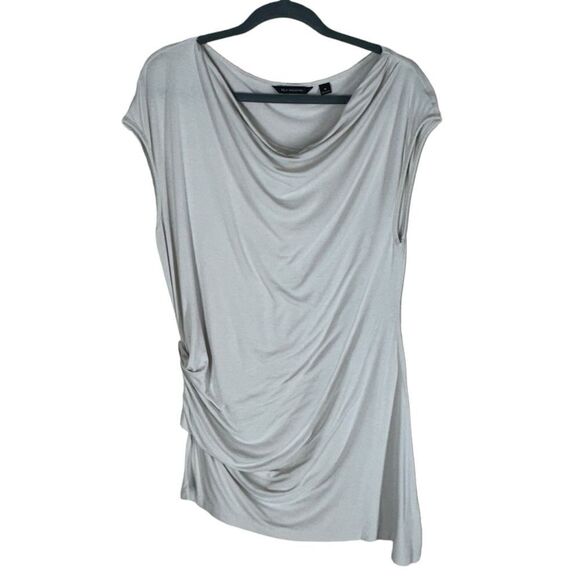 H by Halston Asymmetric Draped Jersey Top Drop Shoulder Ruched in Taupe Medium - Picture 1 of 7